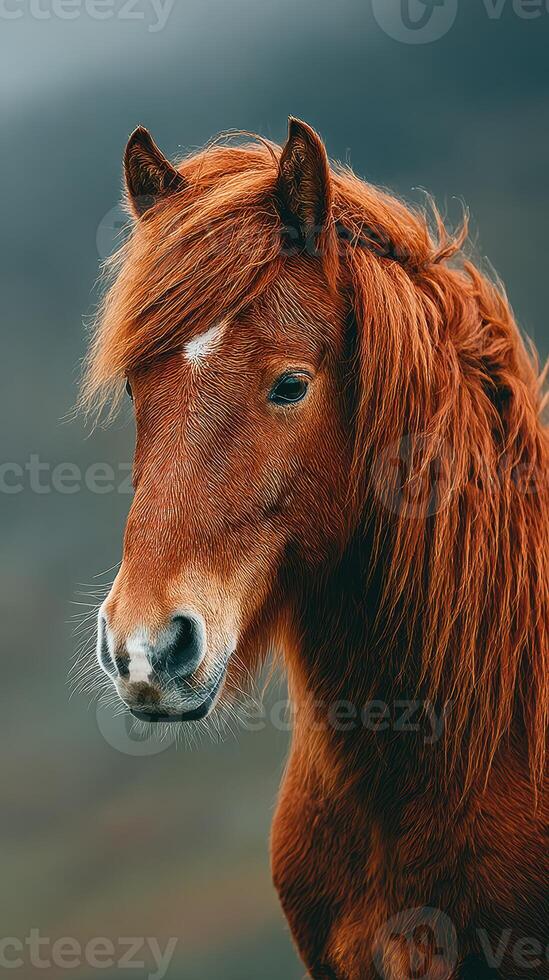 Majestic horse stands proudly with vibrant mane against a blurred natural backdrop in a serene outdoor setting photo