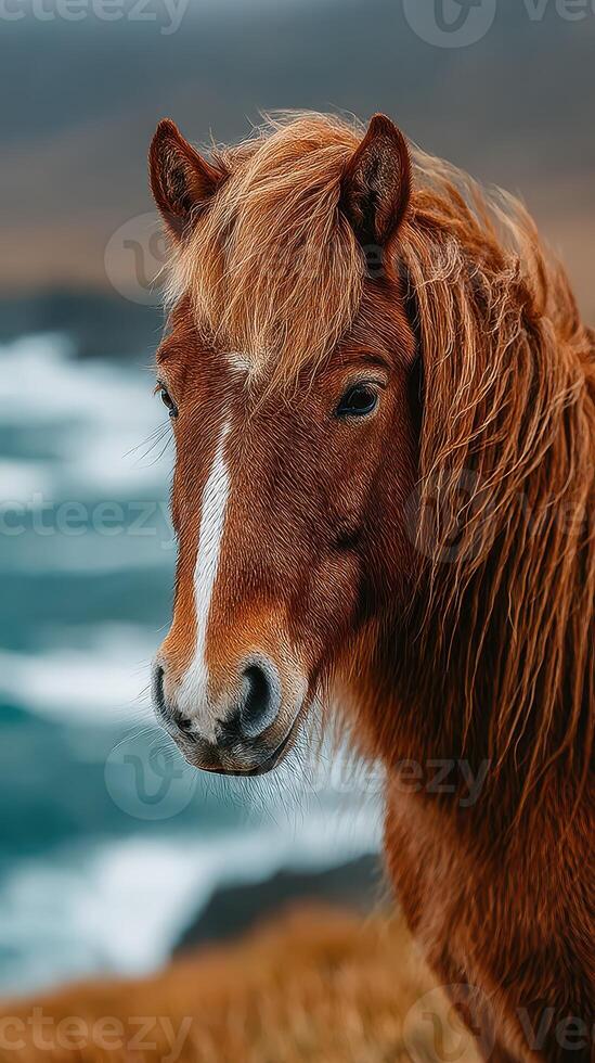 Majestic brown horse stands near the ocean with gentle waves in a scenic coastal landscape during overcast weather photo