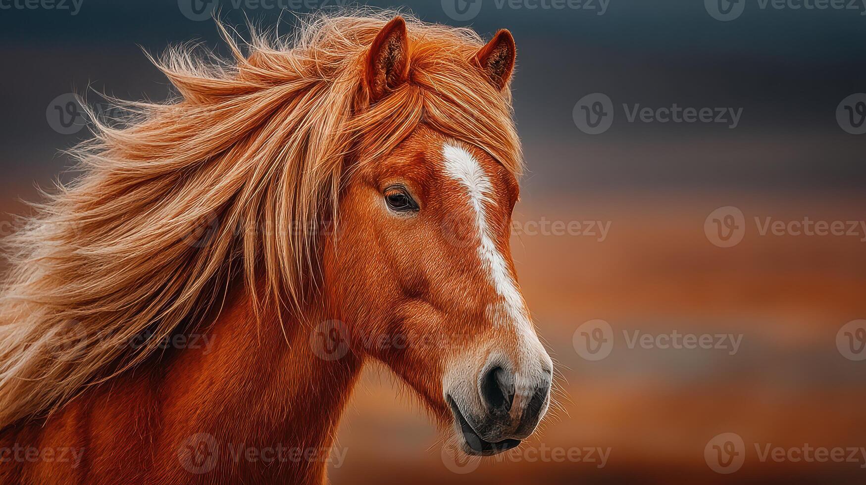 Majestic horse with flowing mane stands against a blurred background at sunset in a serene landscape photo