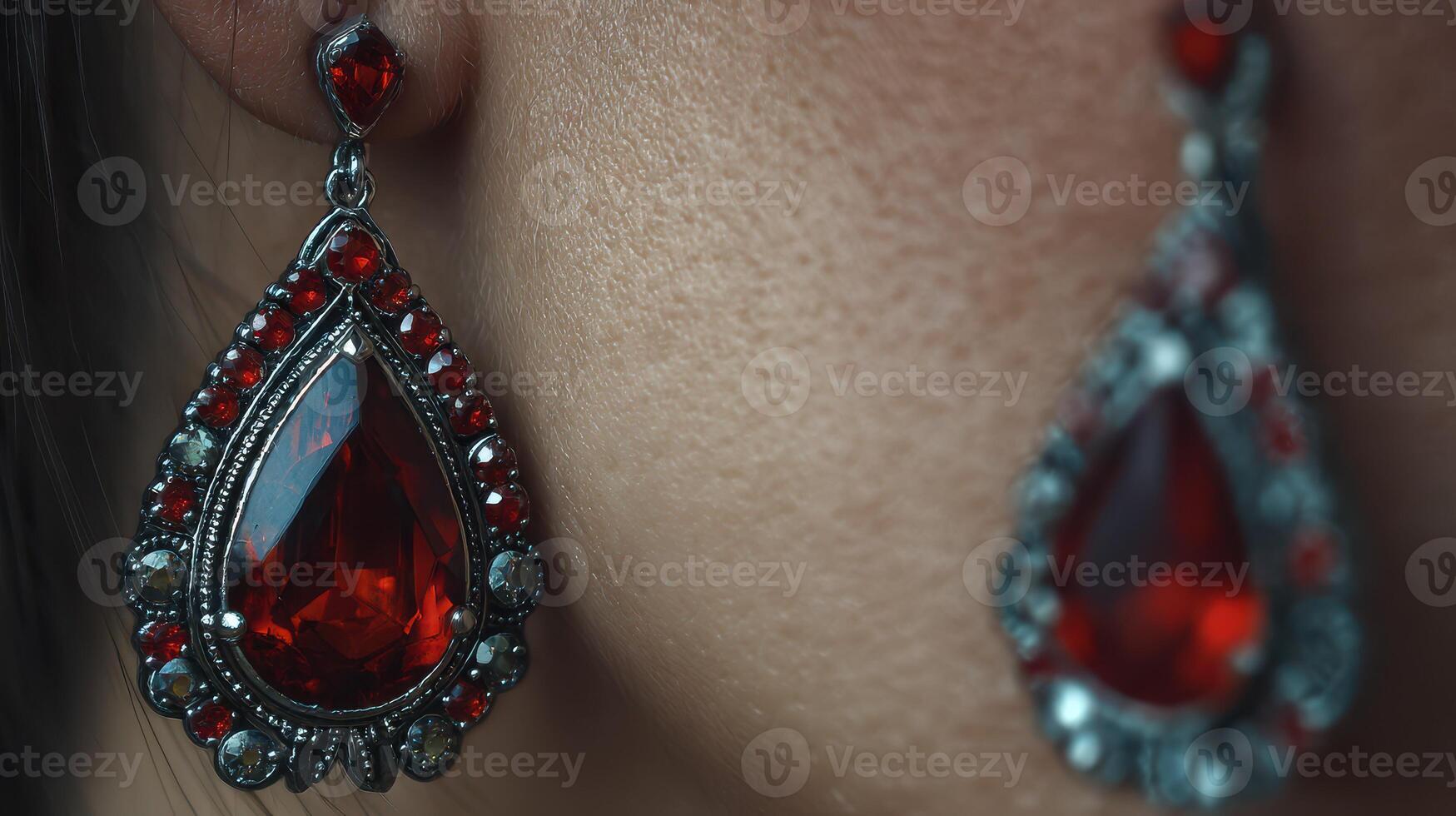 Stunning red gemstone earrings showcased on a model's ear during an elegant evening event in a lavish indoor setting photo