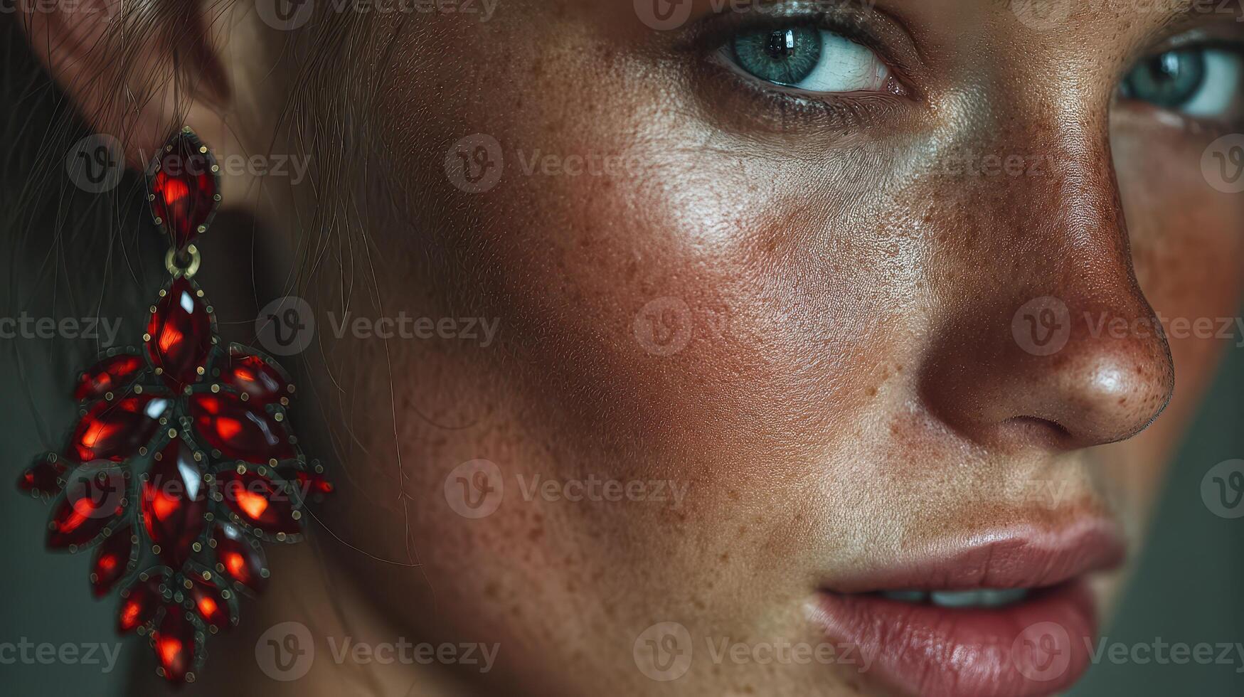 Close-up of a woman with striking blue eyes showcasing elegant red earrings in soft lighting photo