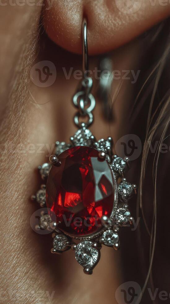 Elegant red gemstone earring showcasing intricate details and brilliance in close-up view photo