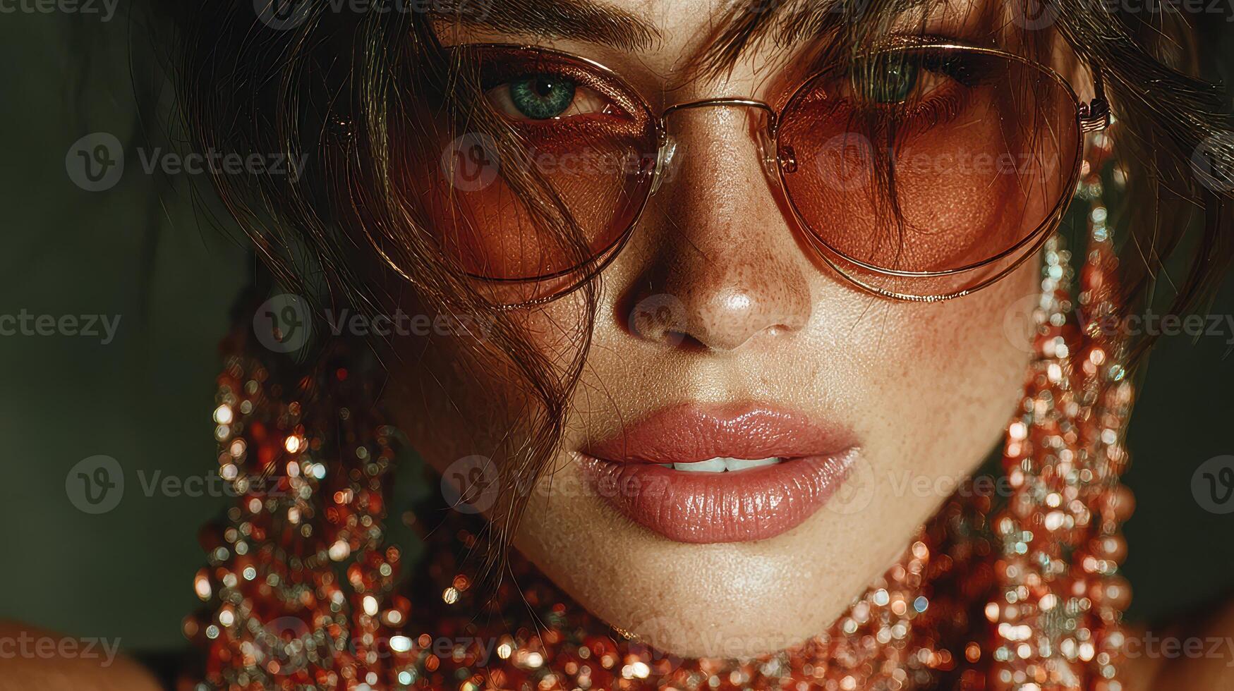 Woman with striking makeup and stylish sunglasses poses elegantly, showcasing vibrant accessories in a close-up shot photo