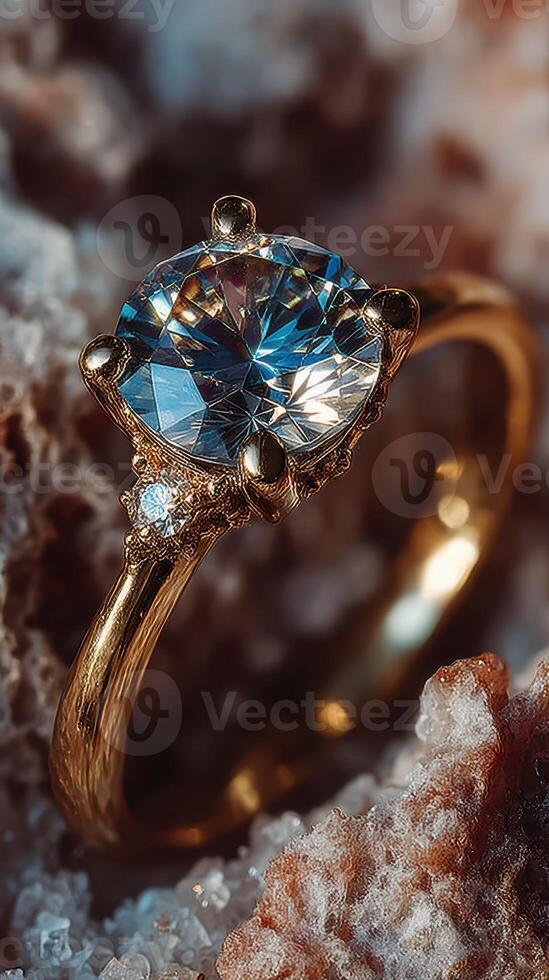Elegant gold ring with sparkling gemstone displayed on textured surface photo