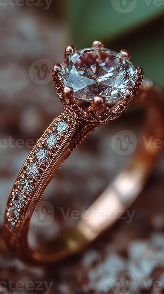 Elegant diamond engagement ring with intricate design sparkling under soft light photo
