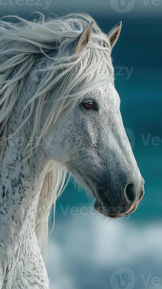 Majestic white horse gazes towards the sea under a clear blue sky in a serene coastal landscape photo
