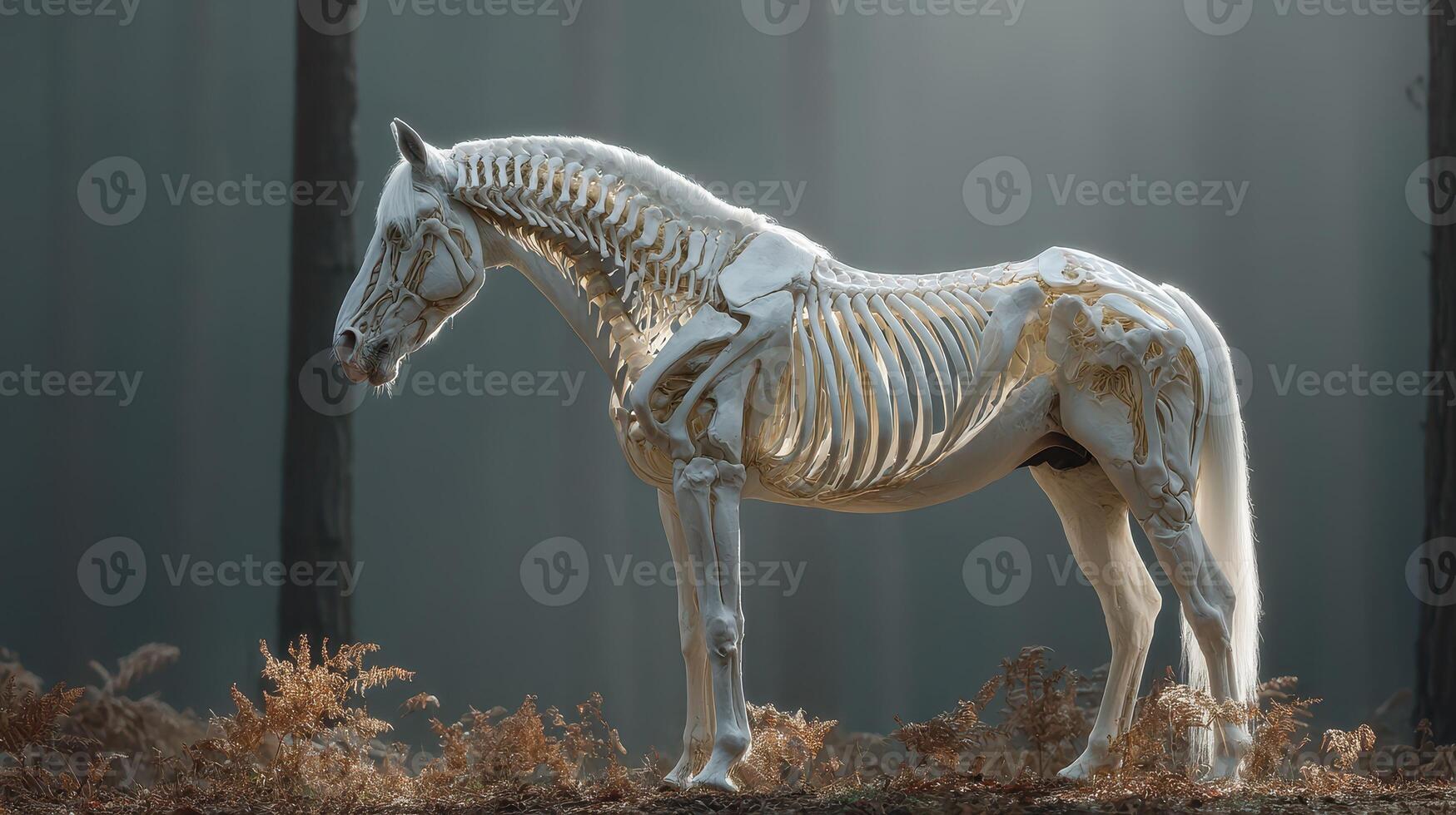 Detailed view of an anatomical horse skeleton standing in a misty forest during early morning light photo