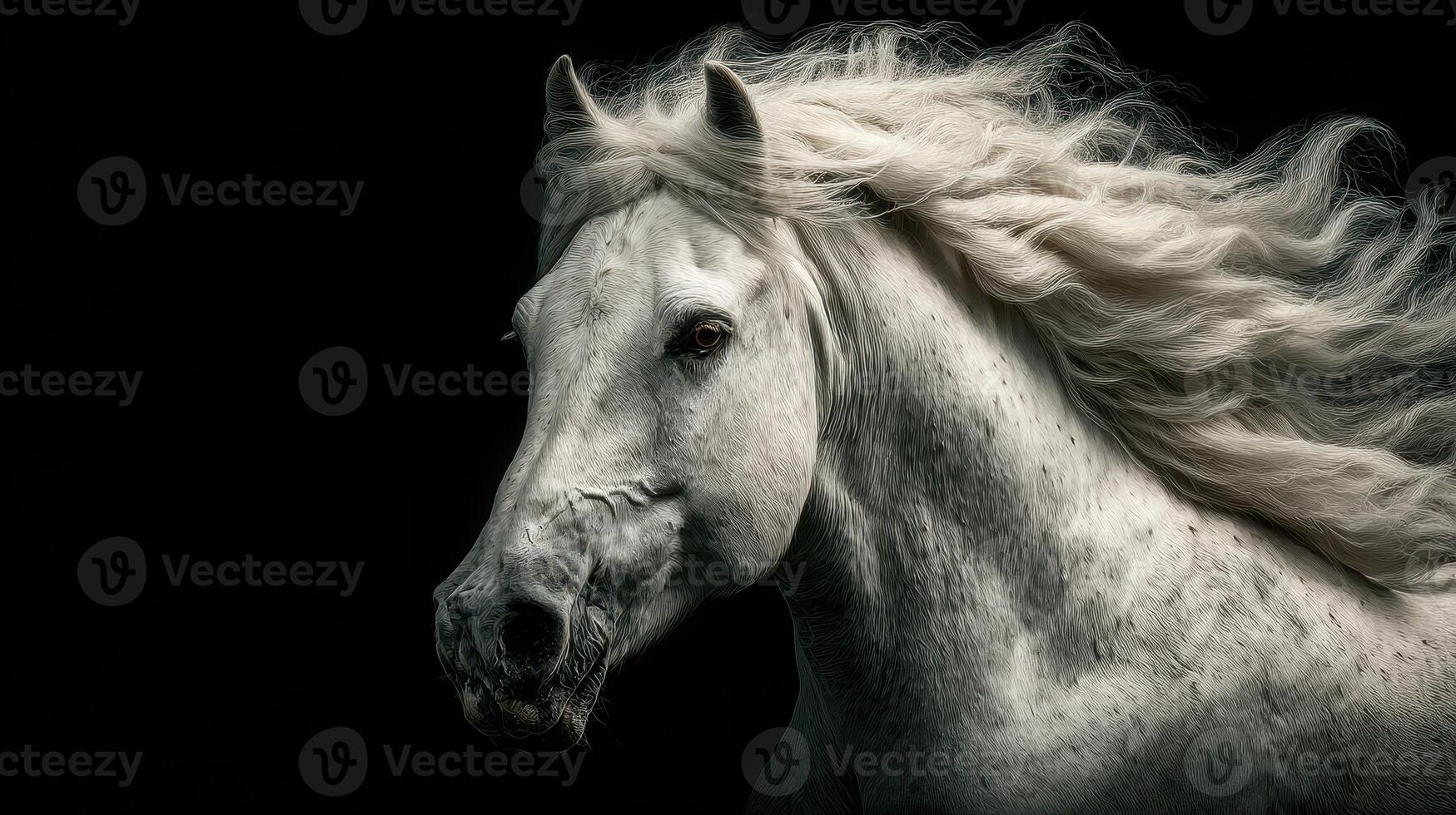 Majestic white horse with flowing mane against dark background showcasing elegance and beauty in motion photo