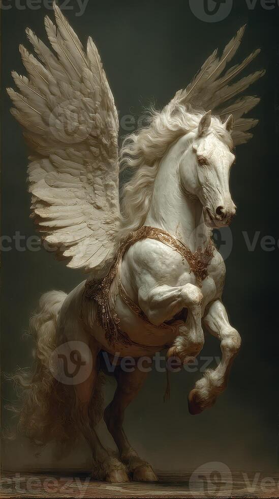 Majestic white winged horse rearing in an ethereal setting with dramatic lighting photo