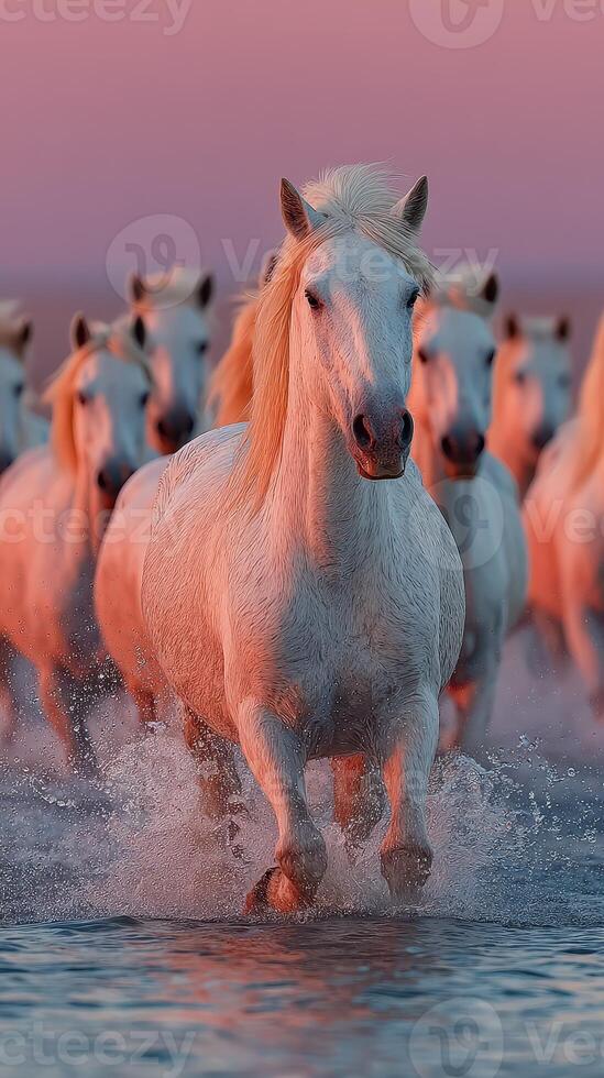 Horses running through shallow water at sunset, creating splashes and warmth in the evening sky photo