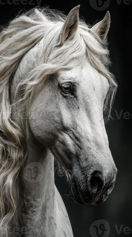 Majestic white horse with flowing mane captured in soft light against dark background during early morning hours photo