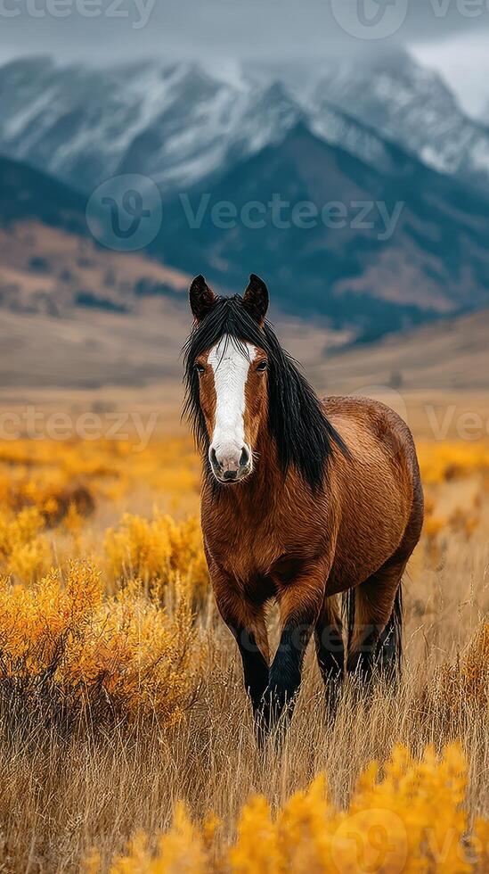 Majestic horse stands in golden grasslands with mountains in the background during autumn photo
