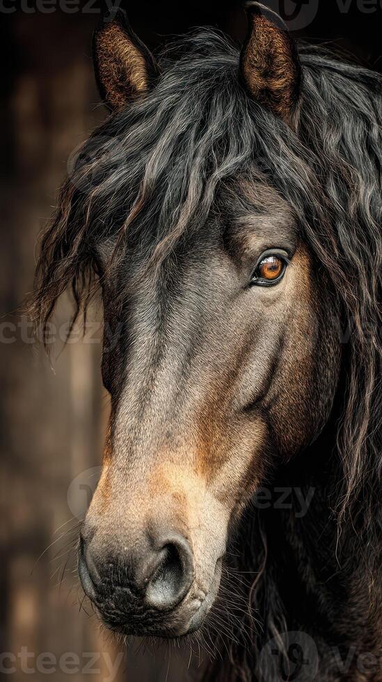 Majestic horse with a flowing mane captured in a rustic stable setting during golden hour photo