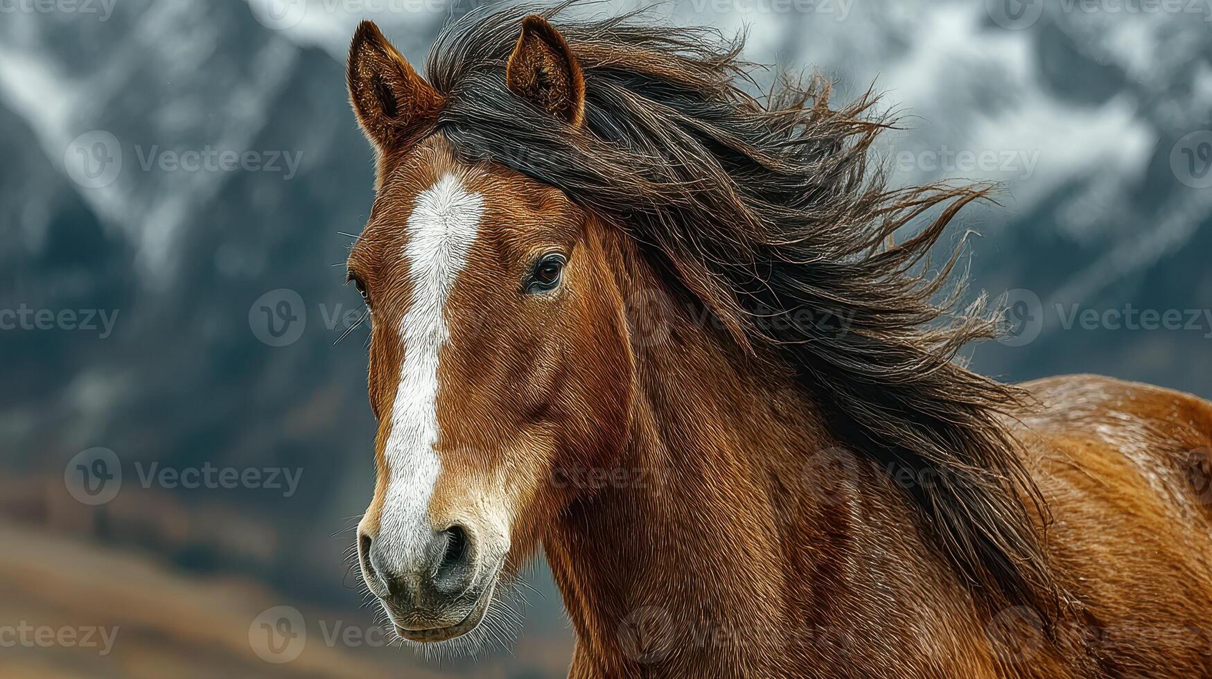 Wild brown horse with flowing mane in a mountainous landscape during a sunny day surrounded by snow-capped peaks photo