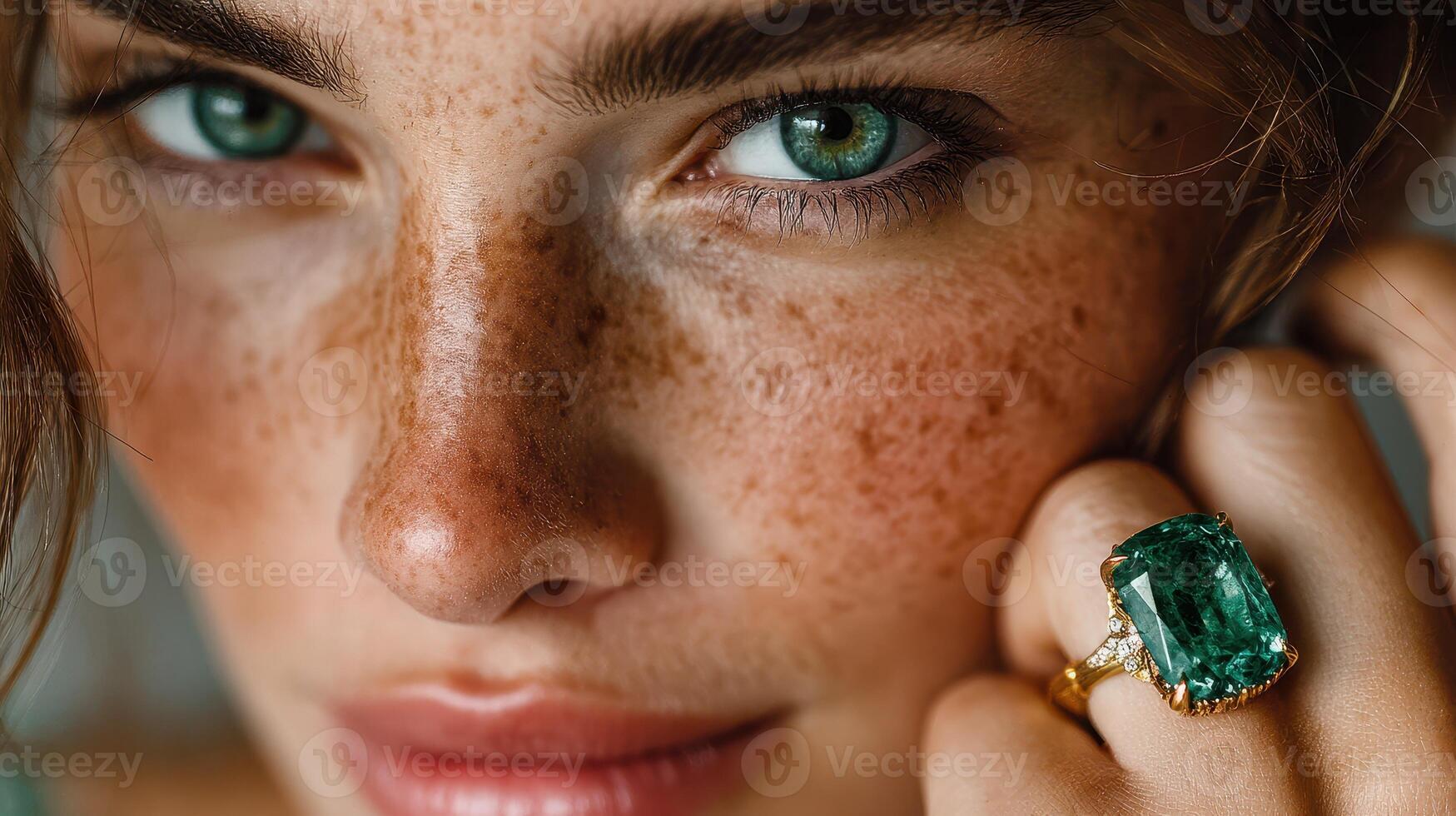 Close-up of a young woman showcasing striking blue eyes and a large emerald ring, highlighting her freckles and natural beauty photo