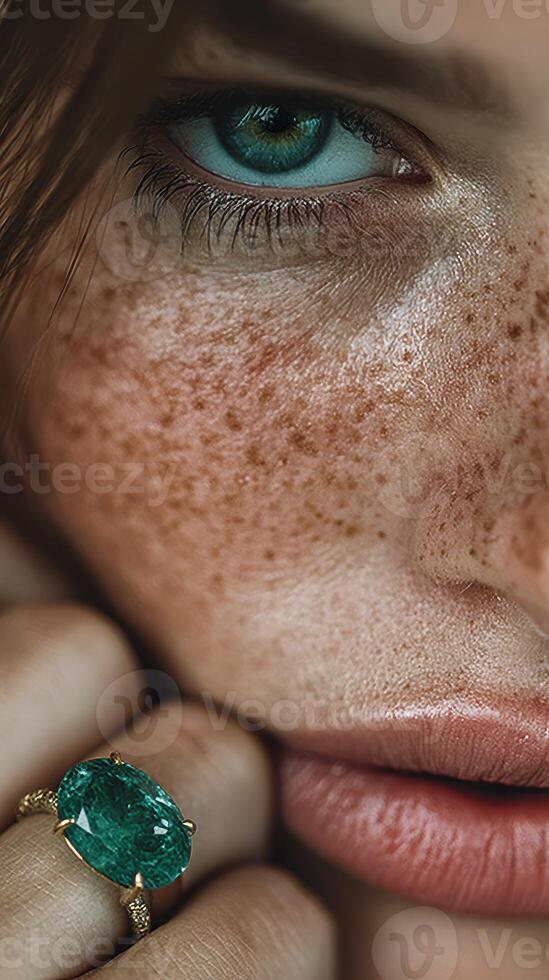 Close-up of a woman with striking green eyes and freckles highlighting her beauty in a natural, relaxed setting photo