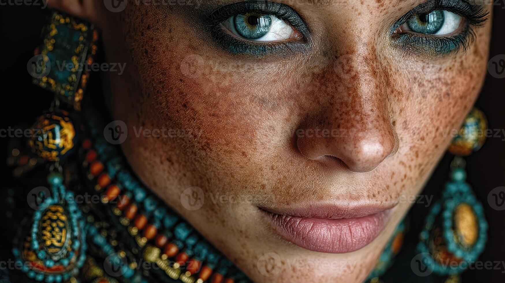 Unique portrait featuring a woman with striking freckles and vibrant jewelry in a close-up shot photo