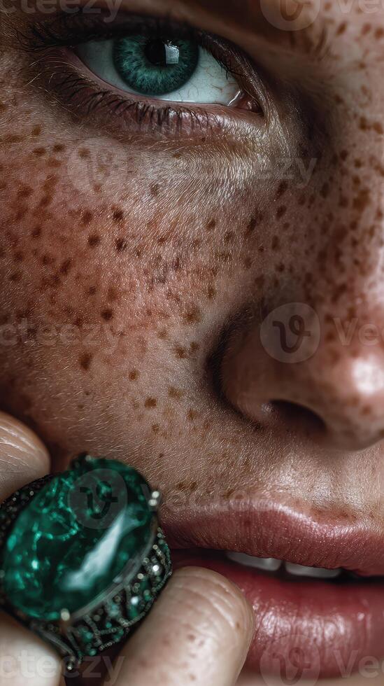 Close-up of a freckled face highlighting a vintage green gemstone ring in natural light photo