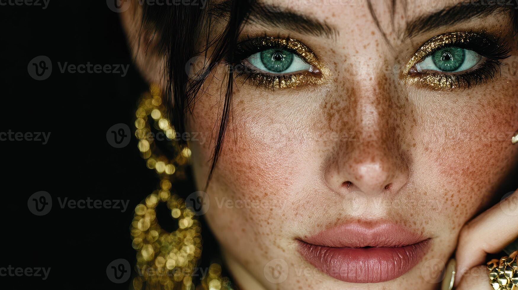 Close-up of a woman with striking green eyes and makeup showcased by golden accents and earrings in a dark setting photo