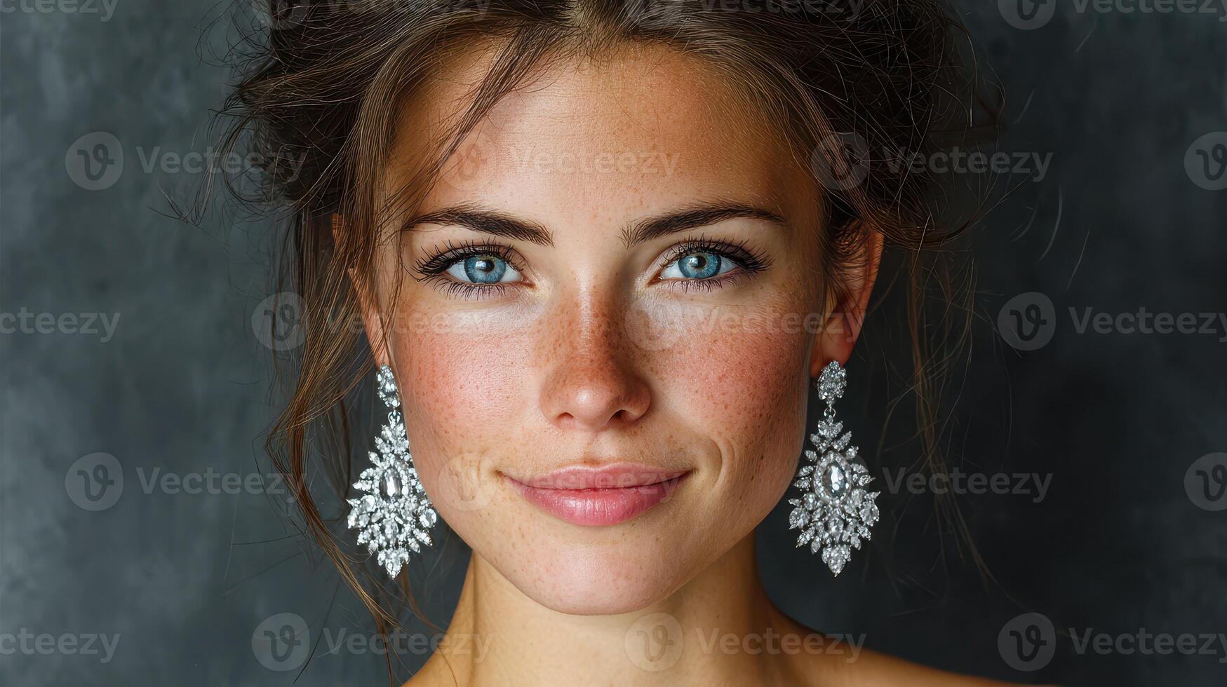 Elegant young woman with striking blue eyes and beautiful earrings poses against a textured background photo