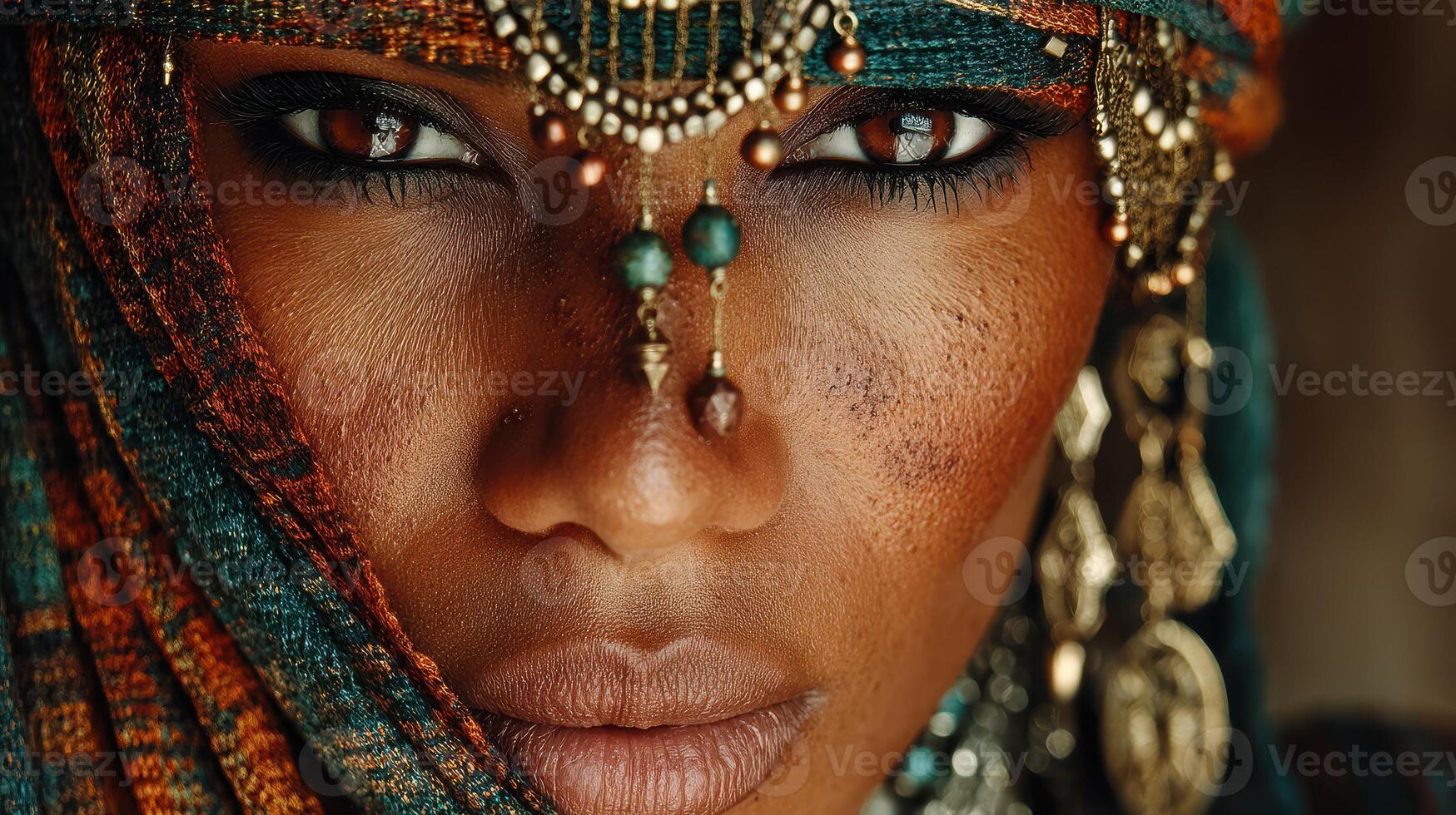 Portrait of a woman adorned with intricate jewelry and colorful fabric in a warm light setting, showcasing her captivating features photo