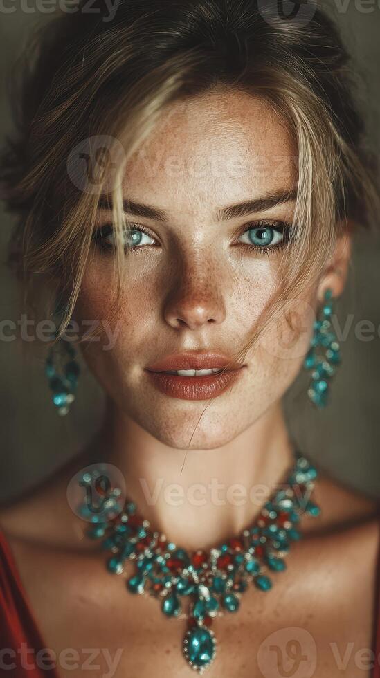 Captivating portrait of a woman with striking jewels under soft lighting in an elegant setting photo