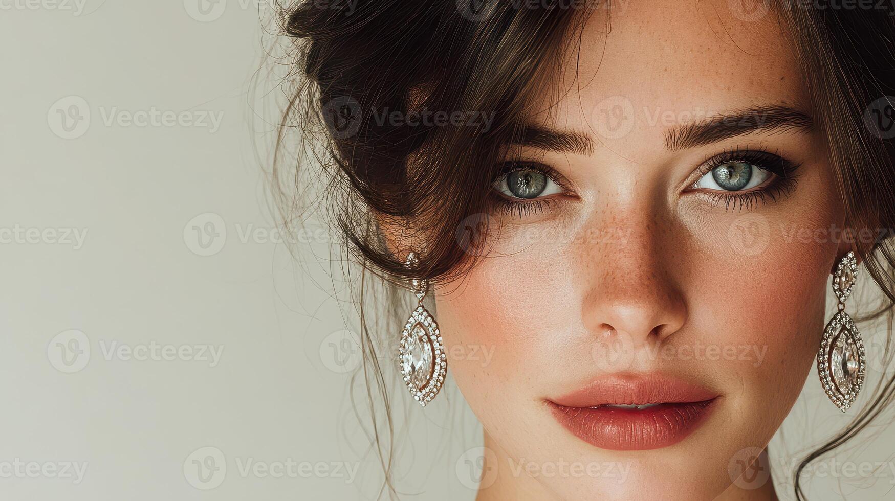 Elegant woman with striking eyes and exquisite earrings posing against a neutral background photo
