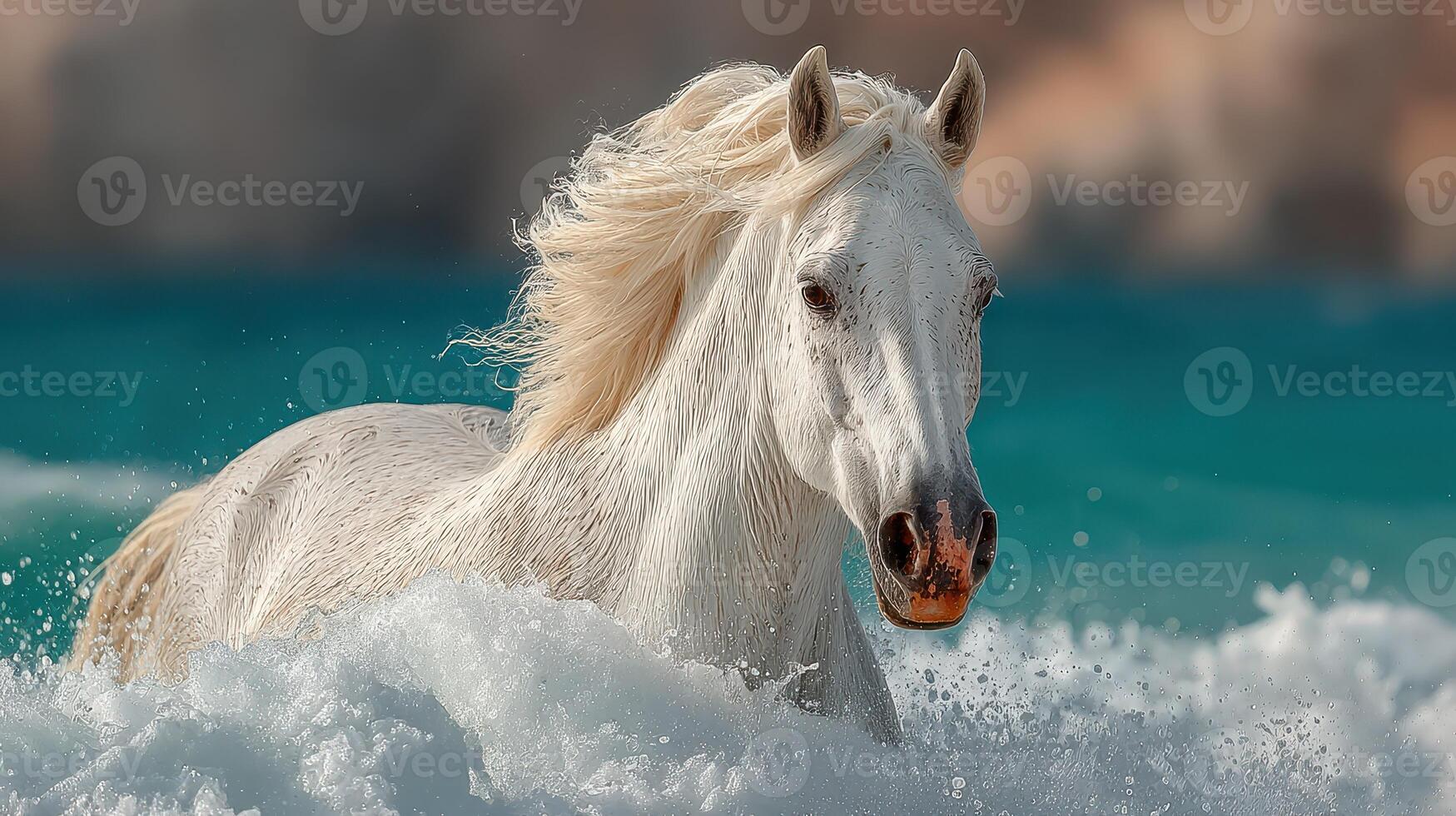 White horse splashing through ocean waves at sunset on the beach photo