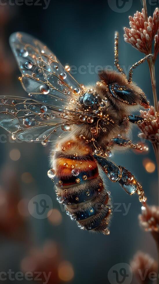Close-up view of a bee covered in water droplets on a flower in a garden during the early morning photo