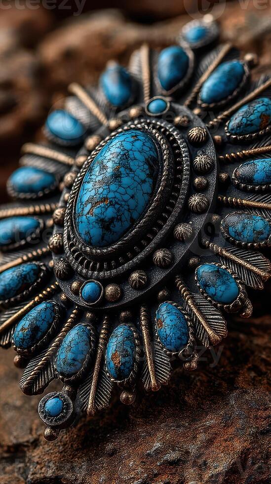 Intricate turquoise jewelry resting on textured stone, showcasing detailed craftsmanship and vibrant color contrast photo
