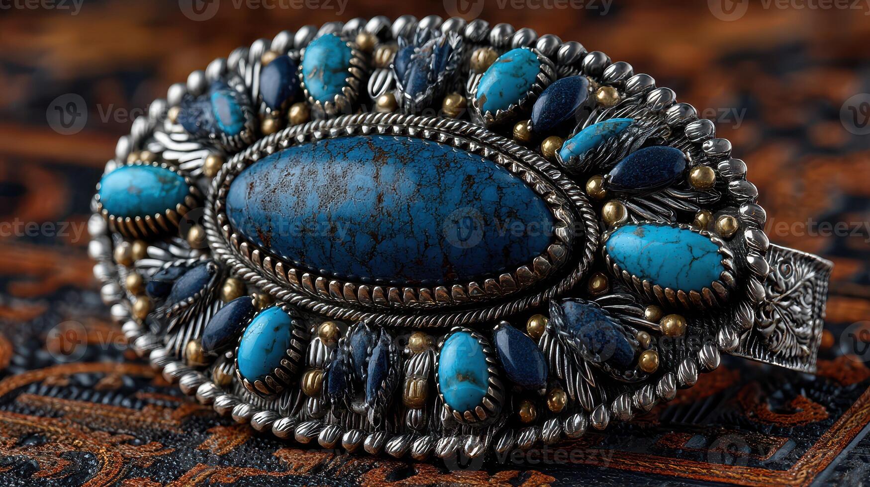 Turquoise and silver brooch displayed on intricately patterned textile showcasing remarkable craftsmanship and design elements photo