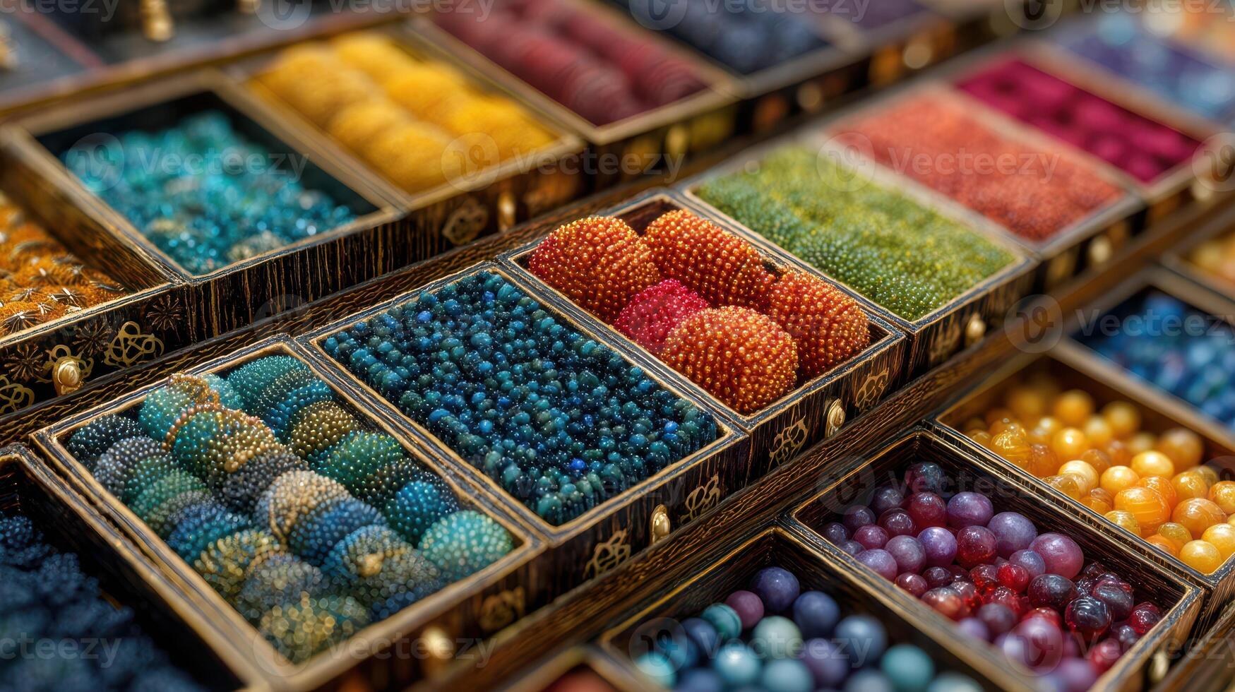 Colorful display of beads in craft market showcasing various shapes and sizes for jewelry making enthusiasts photo