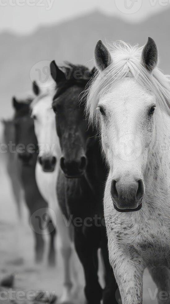 Herd of horses walking in a line on a cloudy day in black and white near mountains photo