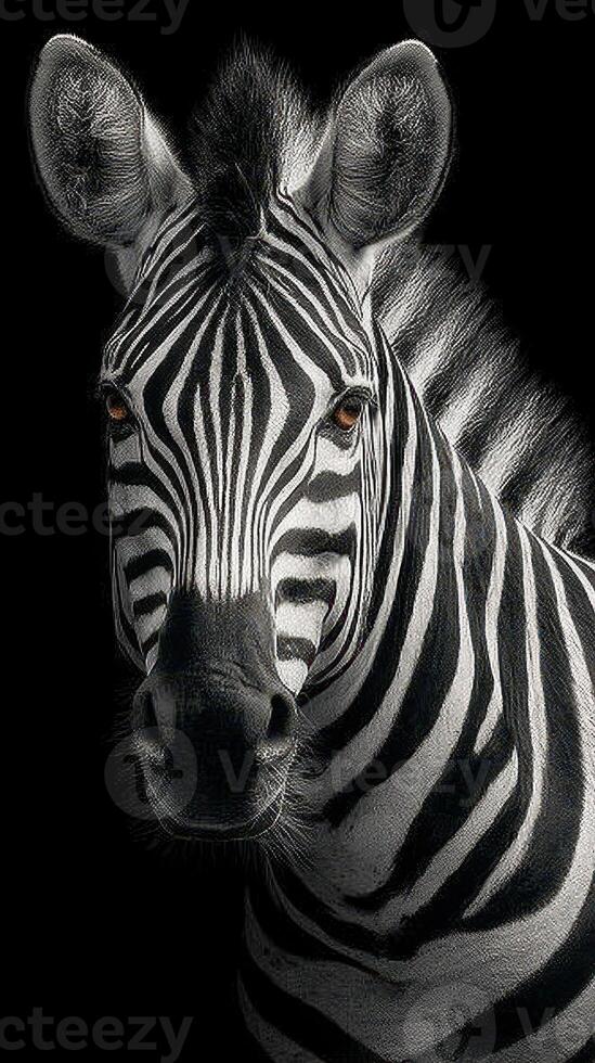 Beautiful close-up of a zebra showcasing striking black and white stripes against a dark background photo