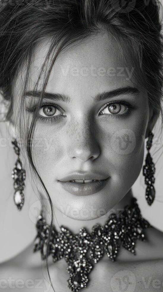 Striking portrait of a young woman showcasing intricate jewelry and captivating features in black and white photo