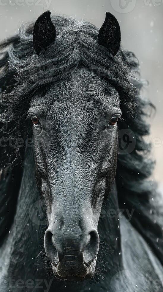 Majestic black horse with flowing mane captured in a serene environment during a gentle snowfall photo