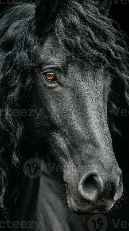 Majestic black horse with unique curly mane poses elegantly in studio lighting photo