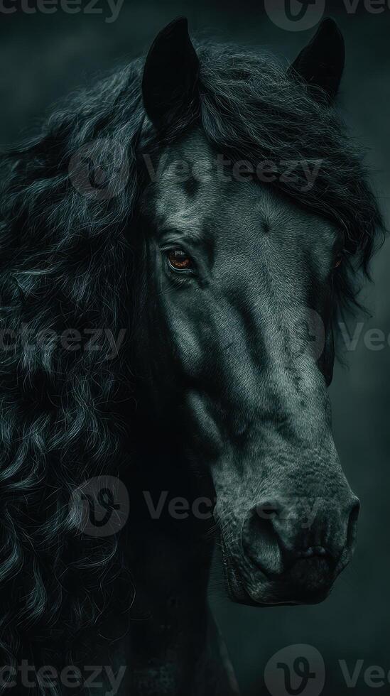Dark and majestic horse showcasing its flowing mane in a serene nature setting during twilight photo