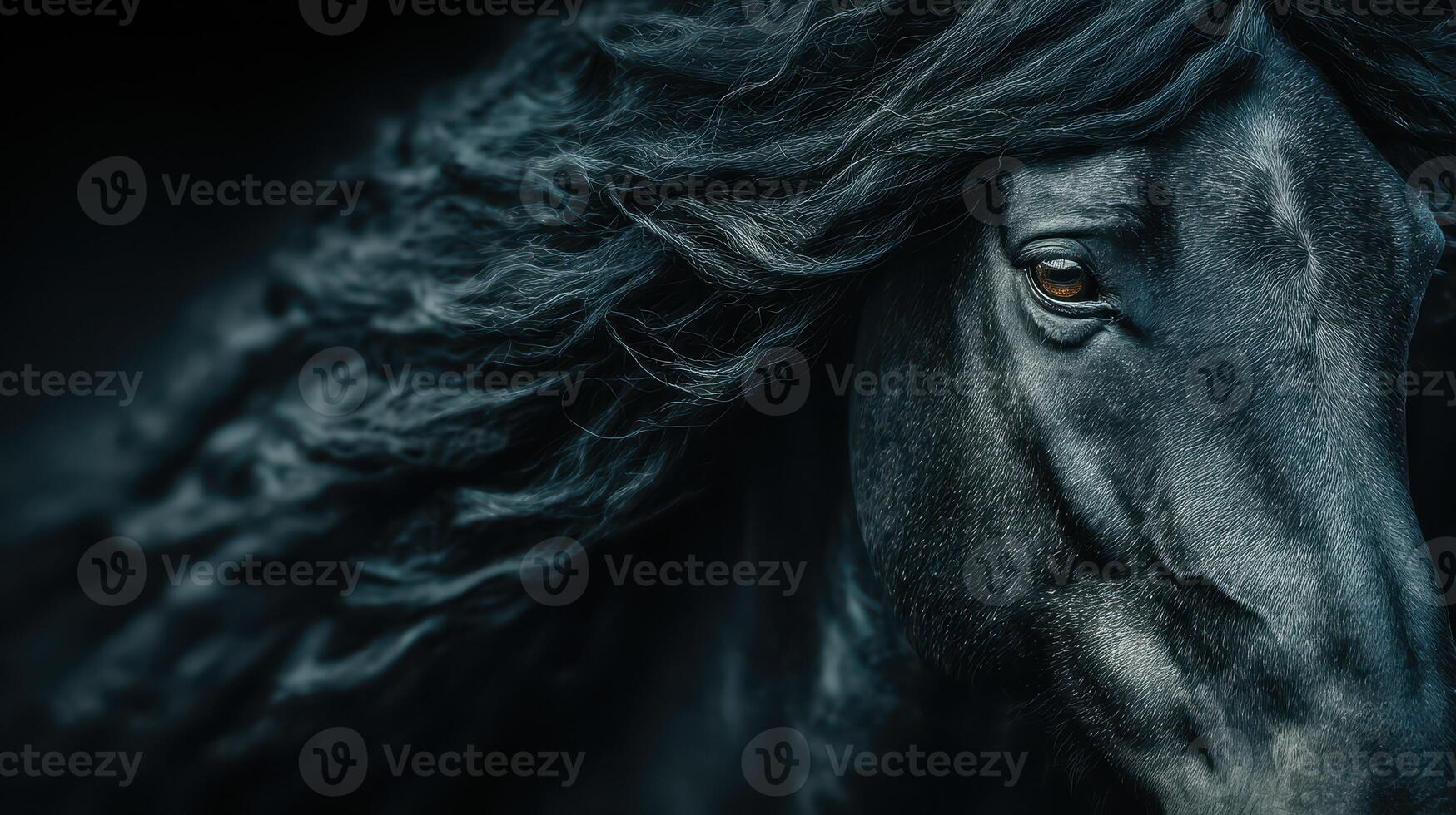 Majestic black horse with flowing mane captured in soft focus during twilight hours in a serene setting photo