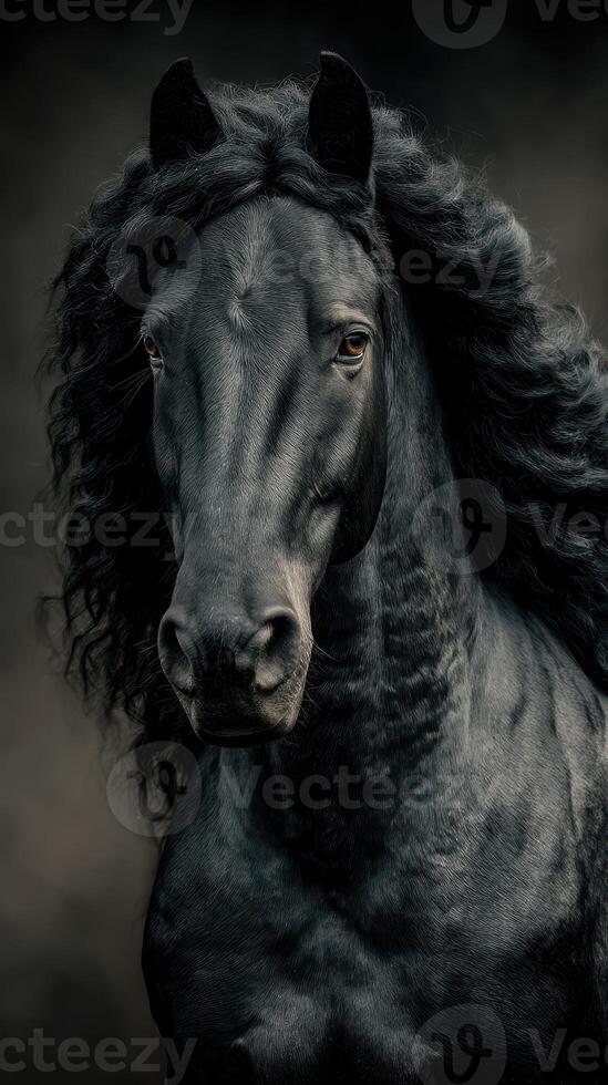 Majestic black horse with curly mane posing dramatically against a dark background in soft light photo