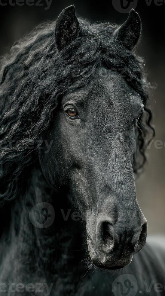 Black horse with curly mane standing majestically in a lush green pasture during golden hour sunlight photo