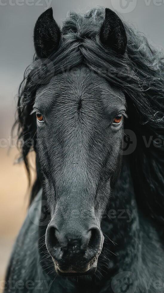 Majestic black horse with flowing mane gazes intensely on a cloudy day in a serene landscape photo