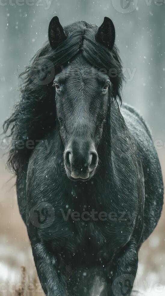Majestic black horse galloping through snowy landscape under soft grey sky during winter photo