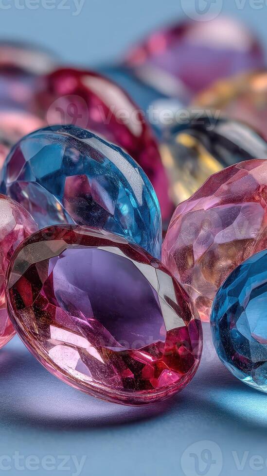 Colorful gemstones scattered on a blue surface create a vibrant and sparkling display perfect for decoration and crafts photo