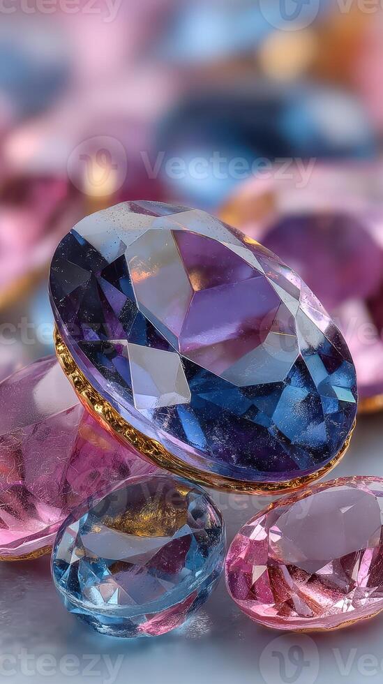 Colorful gemstones arranged artistically with a mix of blues and pinks on a softly blurred background photo
