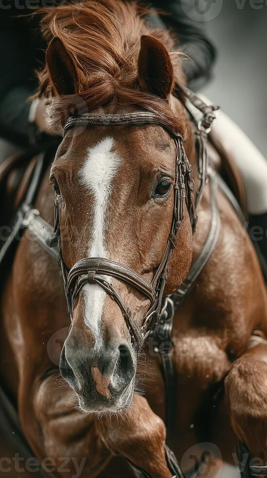 Majestic brown horse in motion during equestrian activity in a competition setting at dusk photo