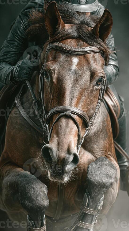 Powerful horse in motion during an equestrian event in a misty outdoor setting showcases rider-horse connection photo