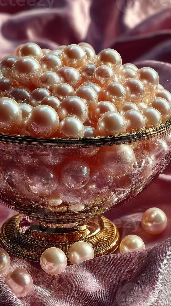 Elegant display of pink pearls in a glass bowl resting on silky fabric in soft natural light photo