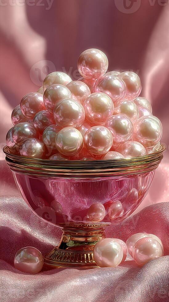 Assortment of pink pearls in an ornate bowl on a soft satin surface during a serene morning photo