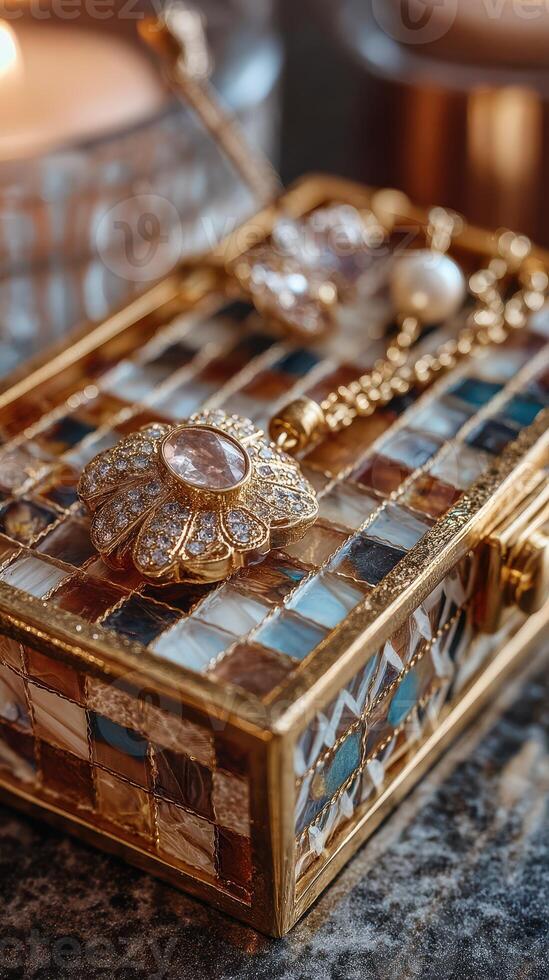 Decorative jewelry box with intricate design and sparkling embellishments placed on a textured surface photo